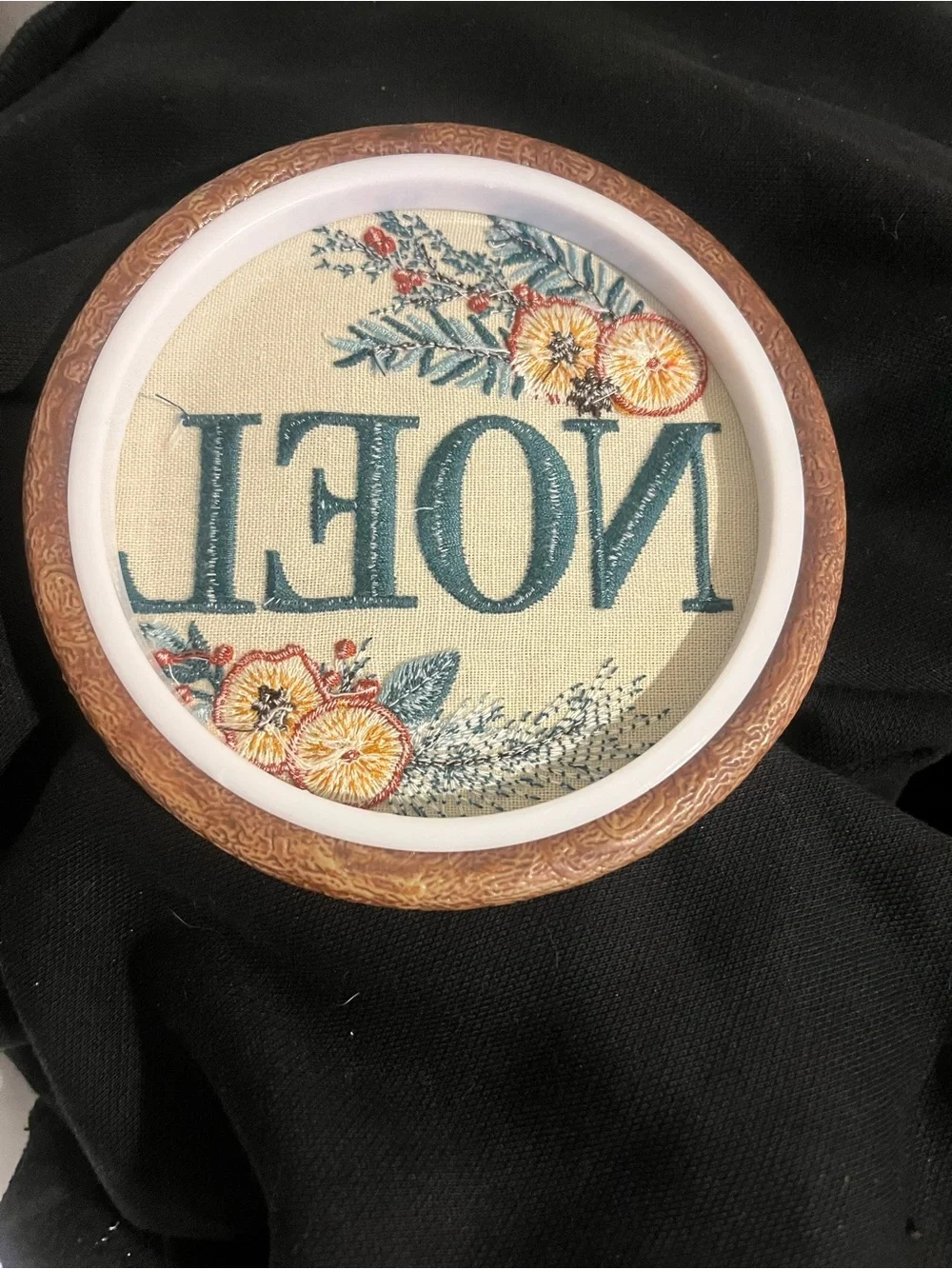 NOEL homemade Embroidered Holiday Wall Hoop - Teal and Orange